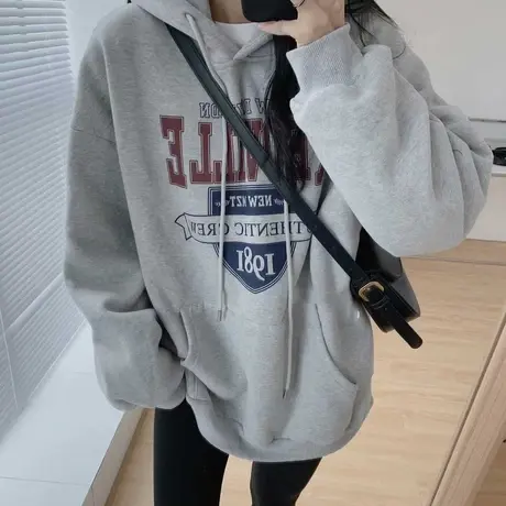 灰色连帽卫衣女潮ins学院风别致设计感加绒加厚外套大码遮肚上衣图片
