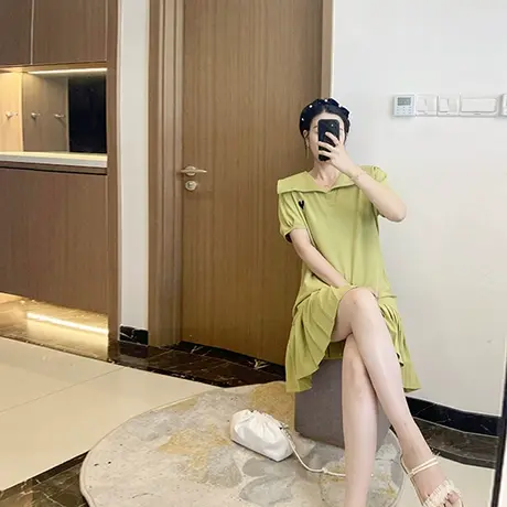 海军领荷叶边减龄洋气大码显瘦宽松胖妹妹炸街裙子2022新款连衣裙图片