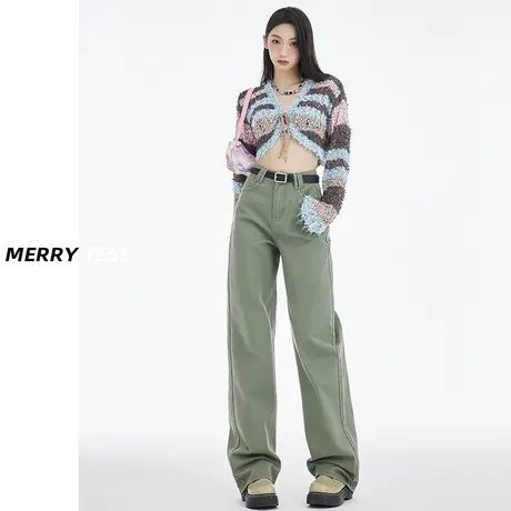 橄榄绿牛仔裤女夏直筒宽松2023年新款高腰显瘦休闲工装窄版阔腿裤商品大图