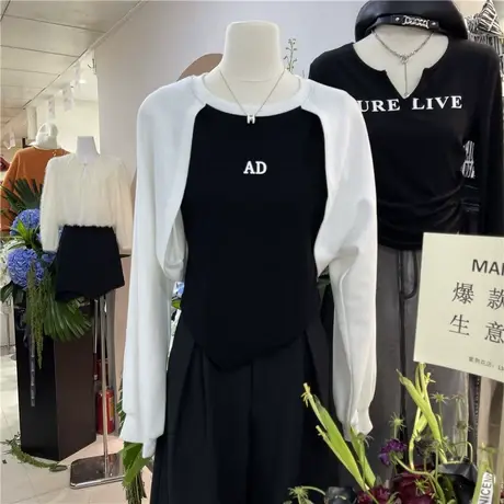 炸街假两件短款卫衣女2022秋季新款设计感撞色字母长袖套头上衣潮图片