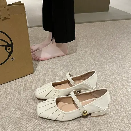 粗跟法式银色单鞋女夏季2023新款仙女配裙子中跟褶皱温柔玛丽珍鞋商品大图