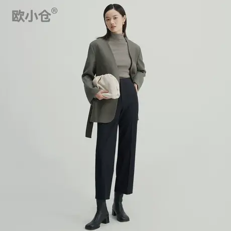 欧小仓隐拉口袋裤子女宽松直筒九分裤抓绒职业烟管高腰质感西装裤商品大图