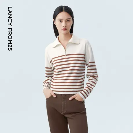 LANCY/朗姿2023秋季新款纯棉羊毛POLO领针织衫女休闲条纹宽松上衣商品大图