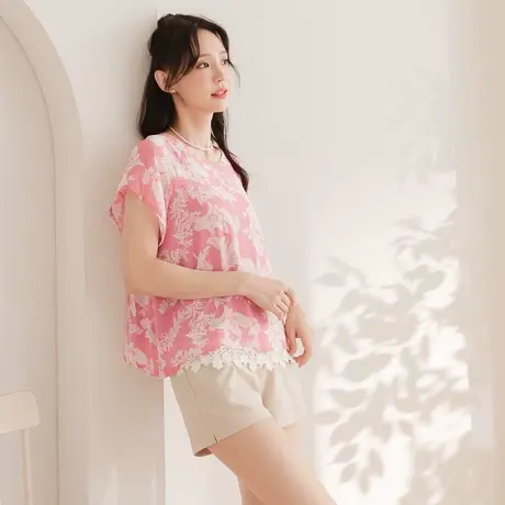 桔熊夏季韩版微透肤雪纺衫印花蕾丝后绑带短袖上衣女大码AB15545图片