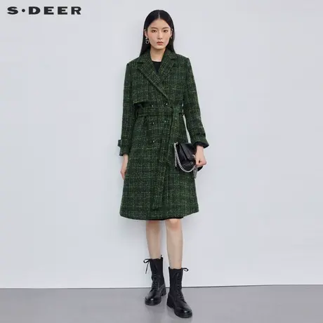 sdeer圣迪奥女装西装领格纹长款大衣S224Z2543商品大图