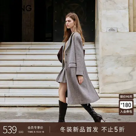 衣香丽影经典格纹长款西装外套女2025冬装新款千鸟格羊毛呢子大衣商品大图
