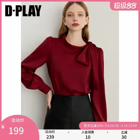 DPLAY2025年秋季新款红色衬衫女蝴蝶结系带设计缎面上衣长袖衬衣商品大图