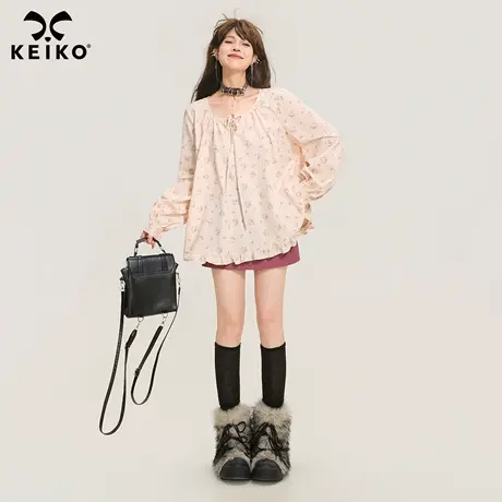KEIKO 法式系带圆领碎花衬衫25早秋复古灯笼袖花边拼接娃娃衫上衣商品大图