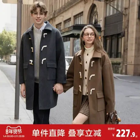 唐狮2026秋冬季中长款毛呢外套加厚情侣款翻领简约风仿牛角扣时尚商品大图
