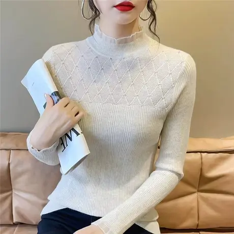 洋气钉珠蕾丝打底衫女内搭秋冬2023新款半高领修身百搭针织衫上衣商品大图