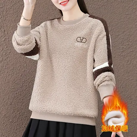 羊羔绒卫衣女秋冬2023年新款时尚加绒加厚圆领无帽上衣服保暖外套图片