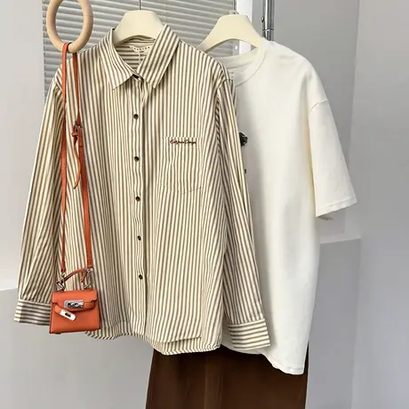 唐狮秋季衬衫女新款长袖复古时尚条纹宽松开衫上衣外穿TM图片