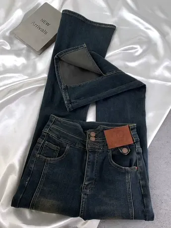 韩版皮牌两粒扣加绒牛仔喇叭裤高腰显瘦加厚保暖开叉微辣马蹄长裤商品大图