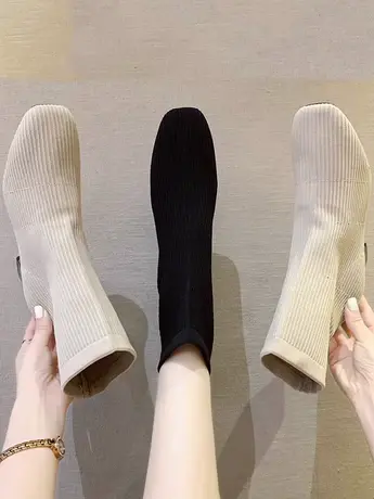 小香风短靴女2023新款秋冬季单靴粗高跟袜子鞋针织弹力瘦瘦马丁靴商品大图