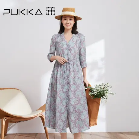 蒲PUKKA 苎麻连衣裙女2023春夏新款宽松休闲印花V领显瘦裙子图片