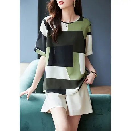 宝诗黎圆领印花雪纺衫女宽松百搭短袖T恤夏季新款2023年休闲上衣商品大图