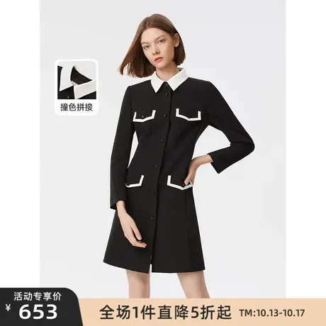 朗姿法式小香风显瘦洋气时尚长袖高级感气质黑色连衣裙2023春新款图片