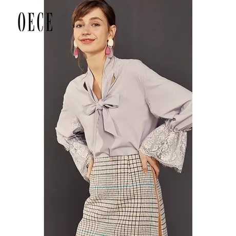 oece冬装新款 温柔打卡法式蕾丝系带气质浅紫长袖雪纺衫图片