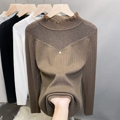 半高领毛衣女蕾丝打底衫2023秋冬新款套头镂空针织衫洋气内搭上衣图片