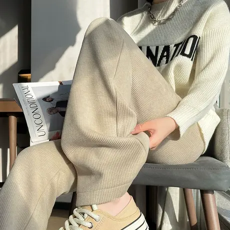 燕麦色微喇裤女秋冬款高腰加绒加厚窄版修身显瘦休闲灯芯绒喇叭裤商品大图