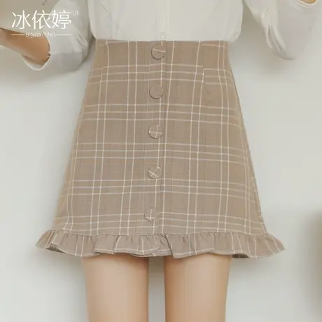 格子半身裙短裙夏季显瘦设计感小众木耳边a字裙小个子裙子带内衬图片