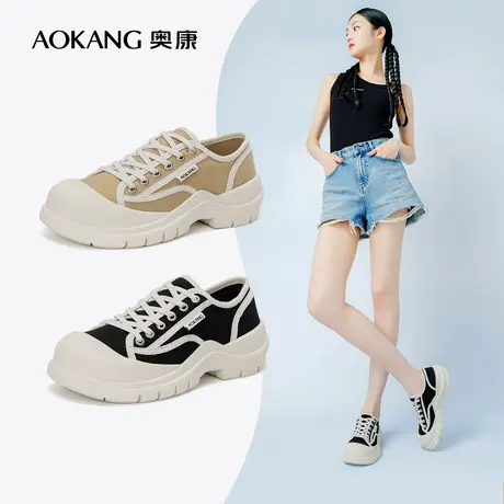 奥康女鞋年秋季气质百搭大头厚底增高丑萌透气百搭休闲运动帆布鞋图片