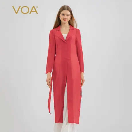 VOA正红乔其纱桑蚕丝塔克褶平驳领单排扣系带宽松真丝开衫图片