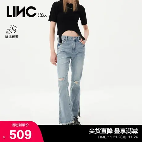 LINCCHIC金羽杰裤子女中腰侧开叉破洞微喇牛仔裤S232JE356Y商品大图
