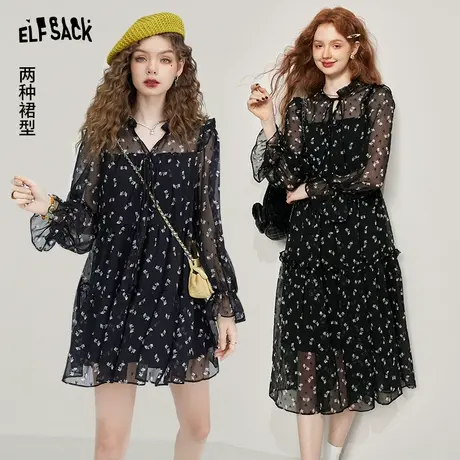 妖精的口袋法式雪纺碎花连衣裙女2024早春新款宽松小个子长袖裙子图片