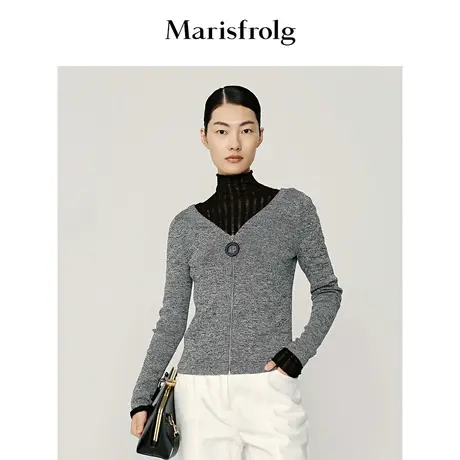 【商务休闲装】玛丝菲尔秋季新款灰色V领针织开衫毛针织衫女商品大图