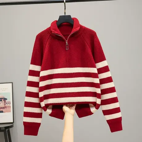 2023春装新款韩版宽松拉链条纹针织衫女士百搭套头翻领毛衣打底衫商品大图