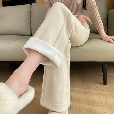 加绒毛呢微喇裤女冬季高腰休闲垂感宽松显瘦直筒加厚羊绒拖地裤子商品大图