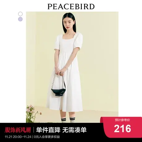太平鸟方领气质拼接连衣裙2022夏新款泡泡袖法式温柔初恋裙子女图片
