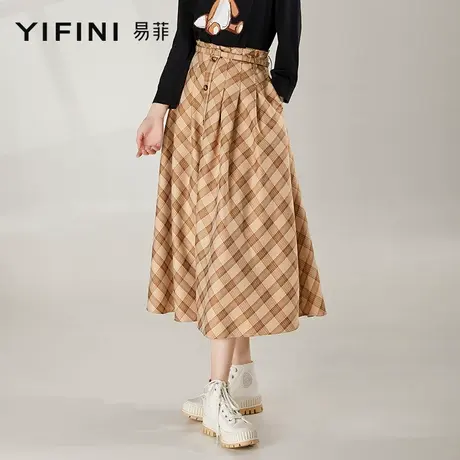 Yifini/易菲新款春A型长款遮肉半身裙文艺复古格纹大伞裙女图片