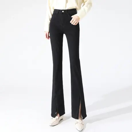 时尚气质牛仔直筒开叉裤2023年秋季新款女士简约高腰显瘦通勤长裤商品大图
