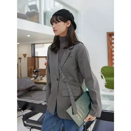 尔给西服上衣复古韩版格子休闲早秋西装外套女2022新款气质小个子商品大图