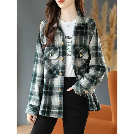 宝诗黎长袖宽松格子衬衫早秋薄款上衣女2023新款韩版休闲开衫外套商品大图