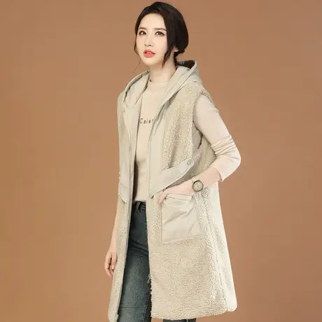 韩潮袭人连帽中长款羊羔毛马甲女2023冬季新款休闲马夹无袖外套图片
