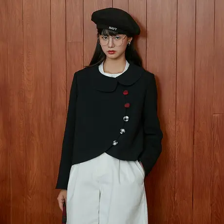 omont蛋挞家 复古不规则娃娃领短款西装外套女早秋设计感小众西服商品大图