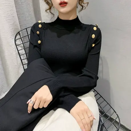 半高领毛衣女套头2023秋冬新款外穿针织衫内搭上衣肩章加厚打底衫商品大图