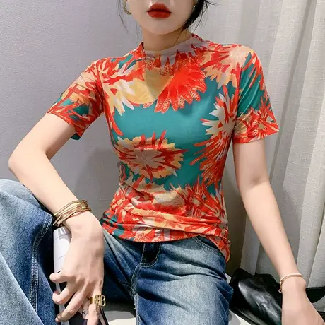 半高领网纱T恤女短袖初秋2024新款设计感时尚印花上衣修身打底衫图片