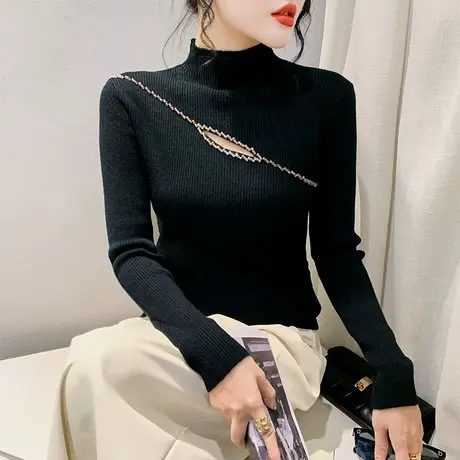 黑色性感镂空套头长袖毛衣半高领烫钻拼接上衣洋气修身内搭针织衫商品大图