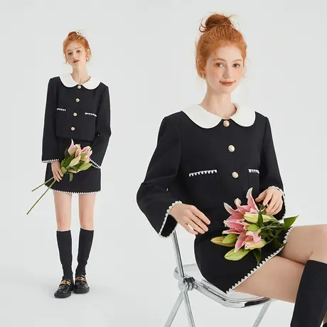 OECE小香风外套2024春冬季新款女装复古娃娃领气质两件套减龄套装商品大图