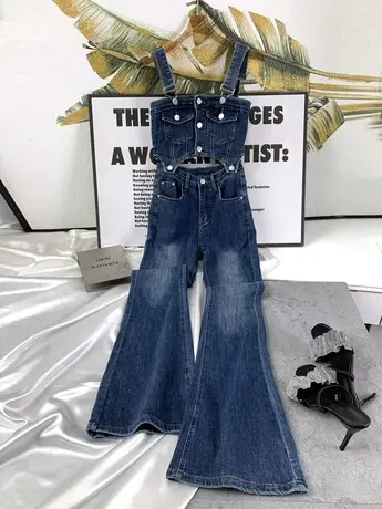 韩版水洗磨白排扣牛仔背带喇叭裤2023秋季新款显瘦高腰吊带两件套商品大图