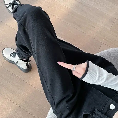 黑色高腰牛仔裤女春秋2024年新款直筒宽松显瘦松紧腰哈伦老爹裤潮商品大图