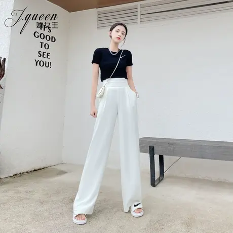 白色阔腿裤女高腰夏季复古宽松显瘦直筒裤垂感休闲百搭拖地长裤子商品大图