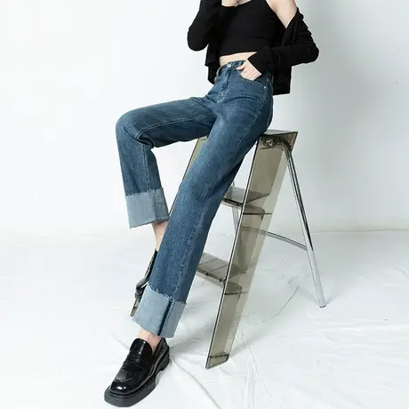 卷边直筒牛仔裤女夏20222年新款春秋高腰显瘦设计感小众烟管裤子商品大图