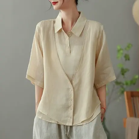 dza 苎麻假两件衬衫女2023夏季薄款纯色衬衣宽松减龄棉麻套头上衣图片