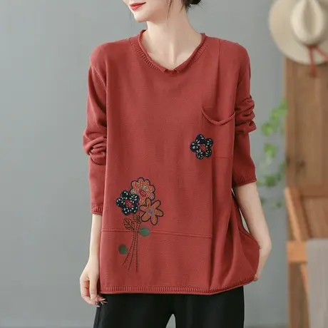 dza复古休闲小V领针织衫女士秋冬洋气内搭打底衫宽松上衣长袖毛衣商品大图