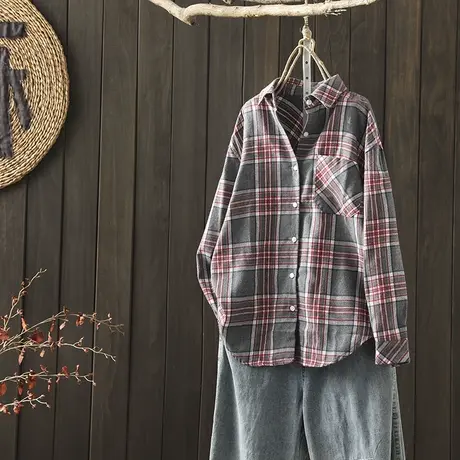 枫谜2020年秋装新款文艺简约格子磨毛衬衫女宽松休闲打底上衣外套图片